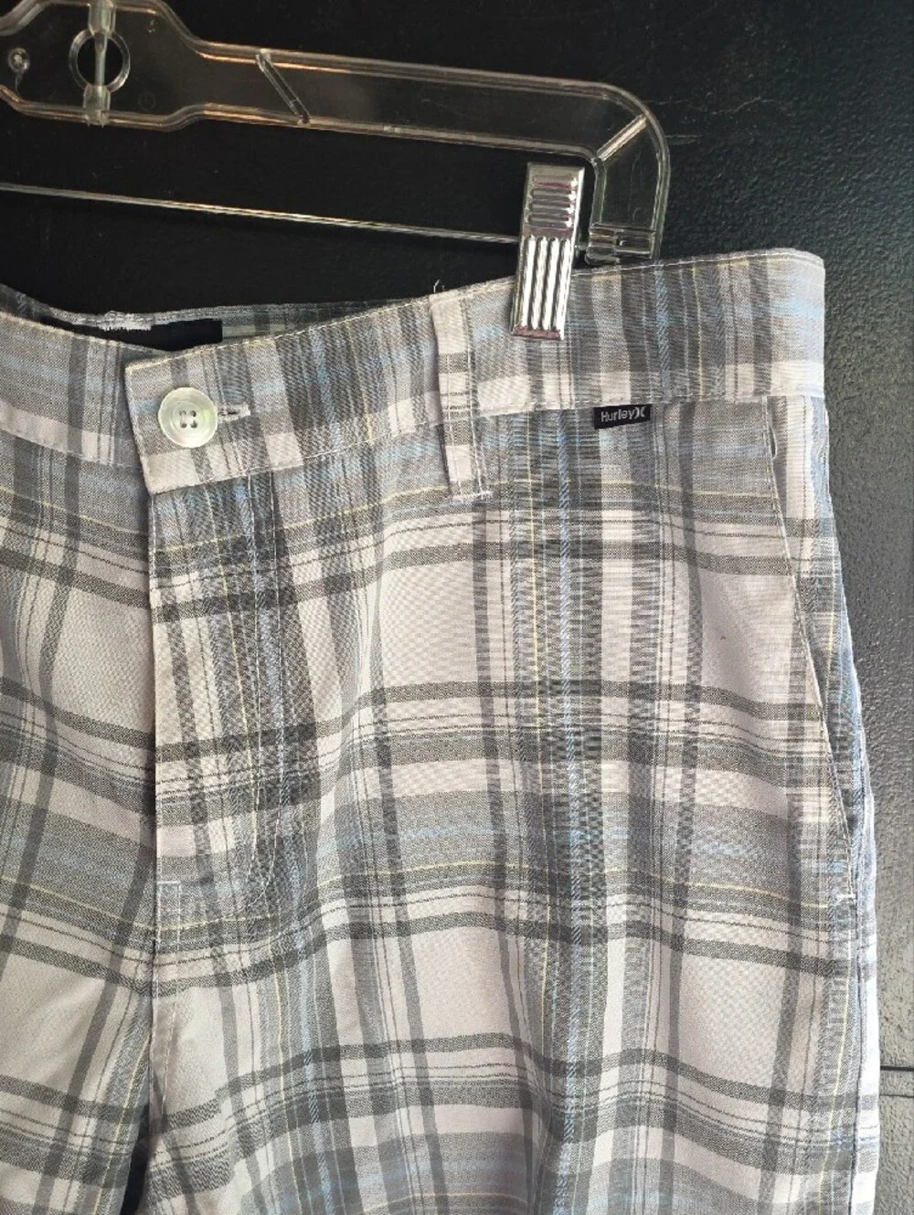 Hurley Men's Plaid Performance Shorts - Gray/White/Light Blue Size 34